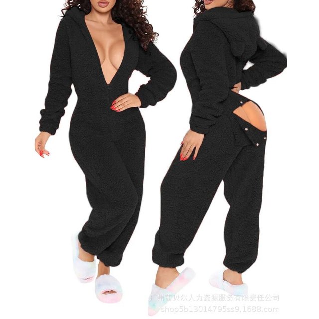 Pijamas de invierno para adultos para mujer, ropa de dormir de Año Nuevo, mono de manga larga con capucha, ropa de casa, mono de Sherpa peludo con capucha para orejas 2023