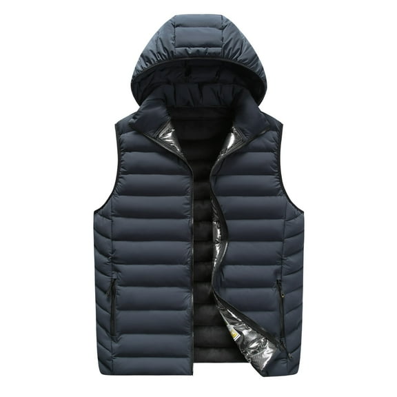 Pimfylm Mens Down Vest Fashion Lightweight Warm Quilted Vest Solid Color Zip Up Hooded Sleeveless Jacket