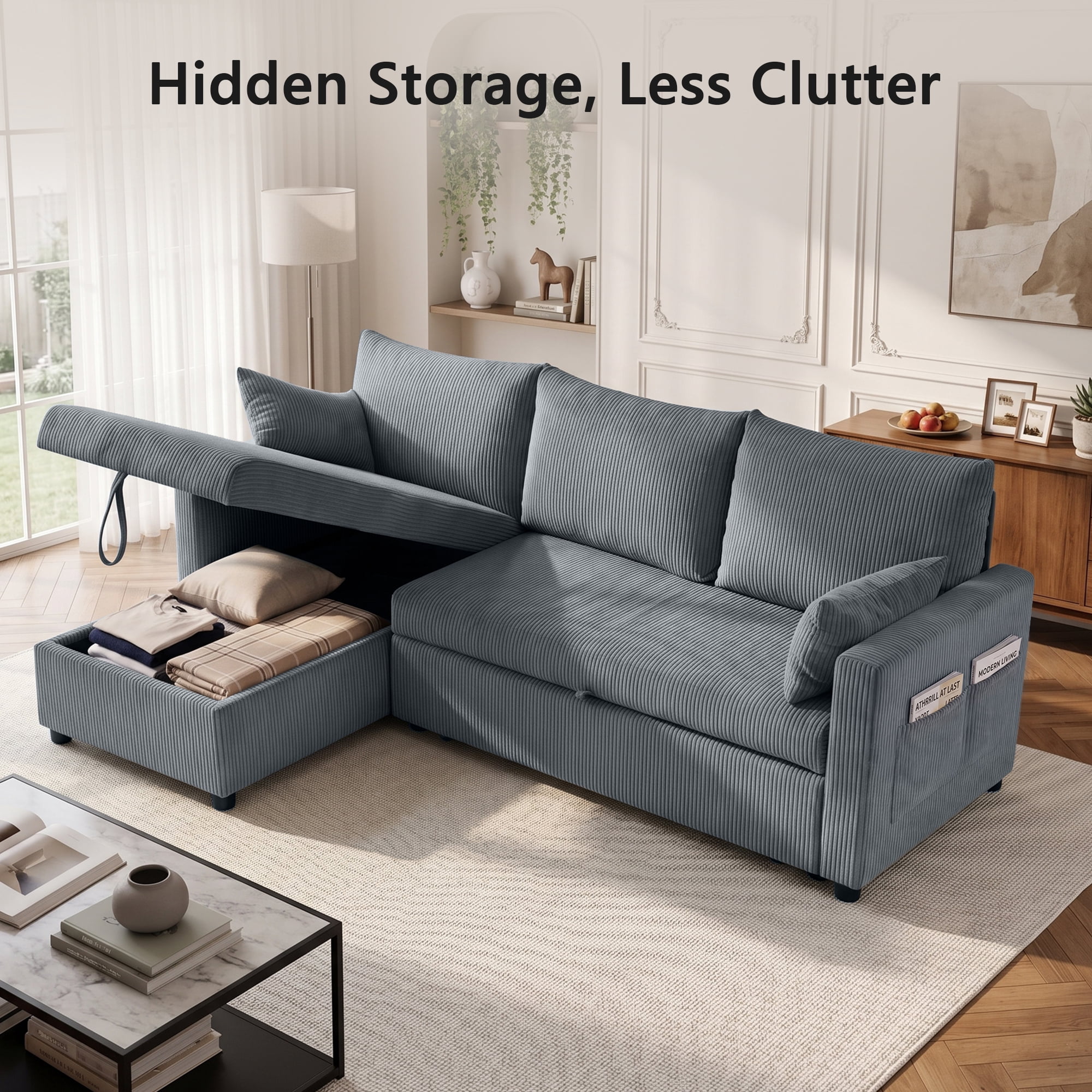 Xiweot Convertible Sectional Sleeper Sofa Bed, 85" L Shaped Couch with Pull Out Bed, Side Pockets & Storage Chaise, Corduroy 3 Seater Sectional Couch for Living Room Apartment (Gray)