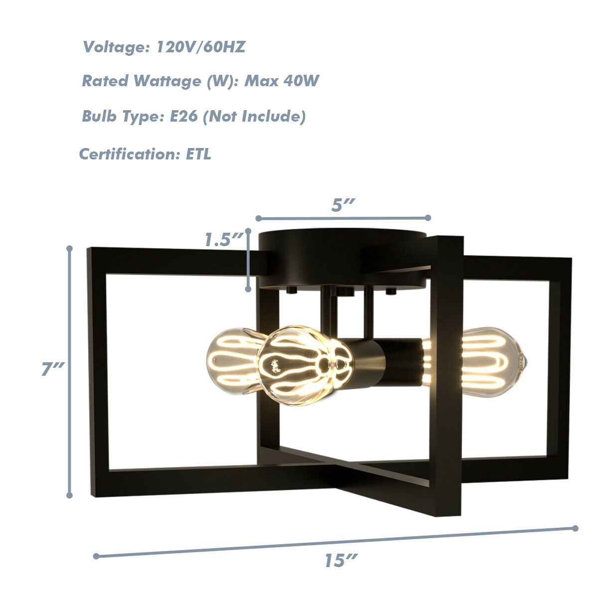 Gymax 3-Lights Flush Mount Ceiling Lamp Geometric Metal w/ Iron Square Lamp Shade