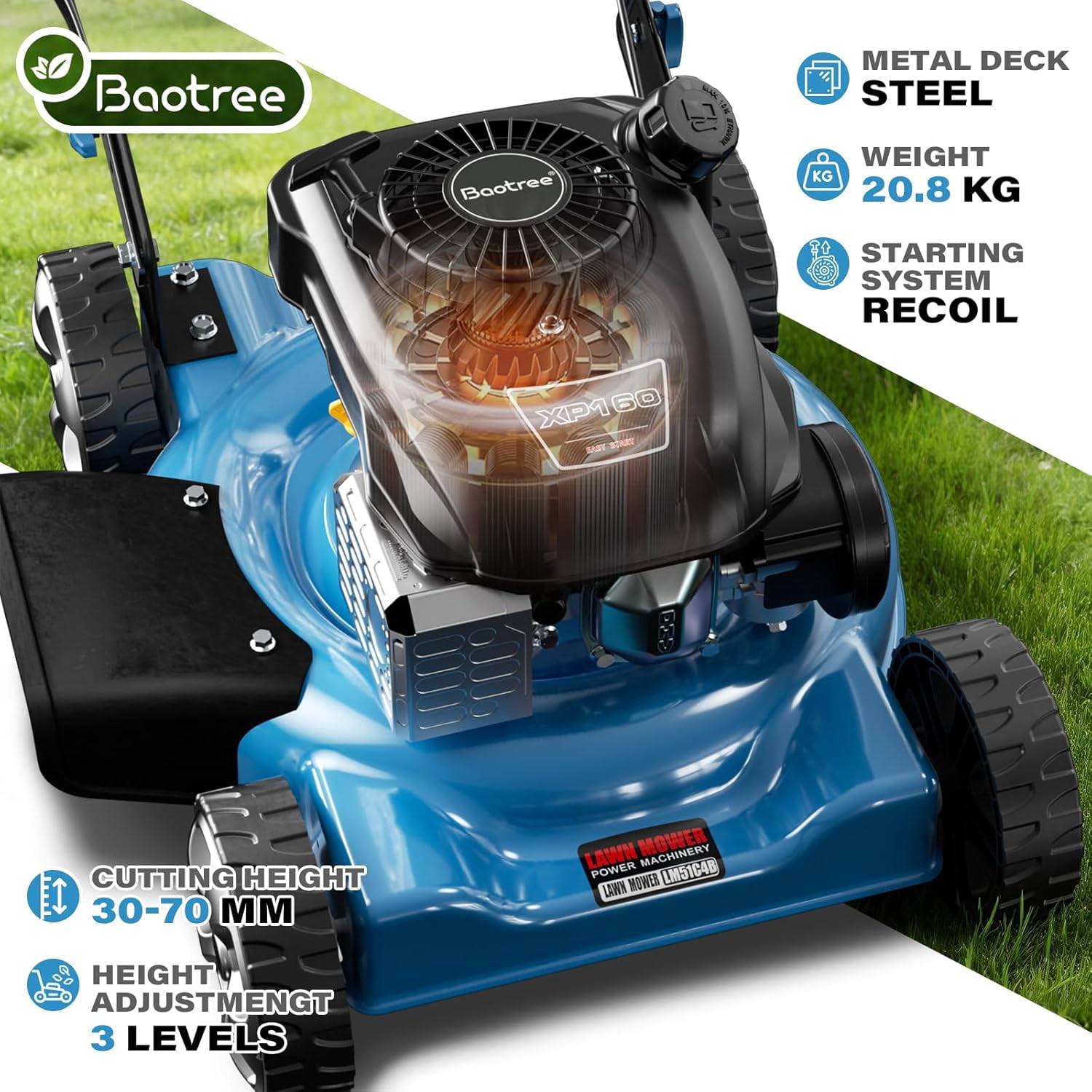 Gas Powered Push Lawn Mower, 20-Inch Cutting Deck, 144cc 4-Stroke Engine, 2-in-1 Side Discharge & Mulching, Lightweight Design for Small Yards Under 1/4 Acre