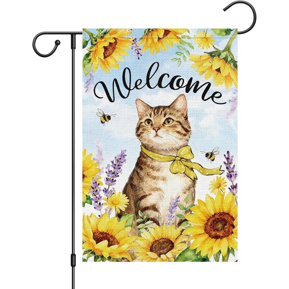 Double Sided 12x18 Burlap Summer Sunflower Cat Welcome Garden Flag Seasonal Floral Outdoor Yard Decor for Patio Lawn
