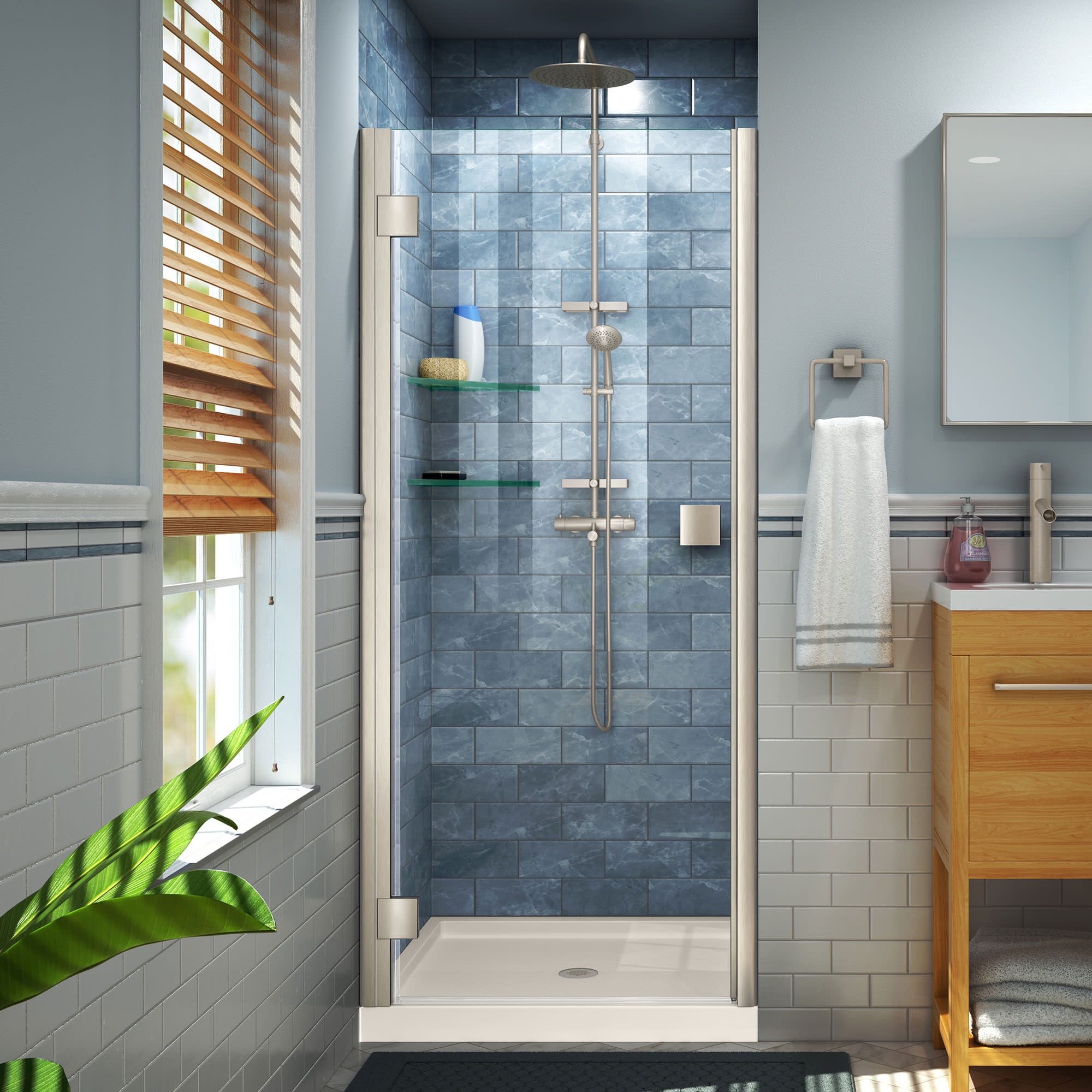 DreamLine Lumen 34 in. D x 42 in. W by 74 3/4 in. H Hinged Shower Door in Brushed Nickel with