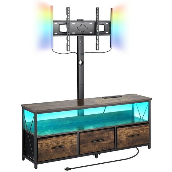 KFFKFF 52" Television Stand Suits 32-75", TV Console with Power Outlet and LED Lighting, Swivel & Height Adjustable TV Mount, Ideal for Bedroom