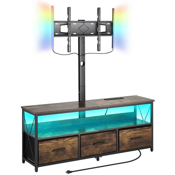 VEVOR - Soporte para TV de 52" con soporte para televisores de hasta 75", centro de entretenimiento con toma de corriente y luces LED, consola de TV de altura ajustable con soporte y 3 cajones para