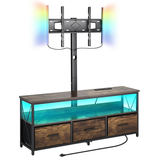 VEVOR - Soporte para TV de 52" con soporte para televisores de hasta 75", centro de entretenimiento con toma de corriente y luces LED, consola de TV de altura ajustable con soporte y 3 cajones para