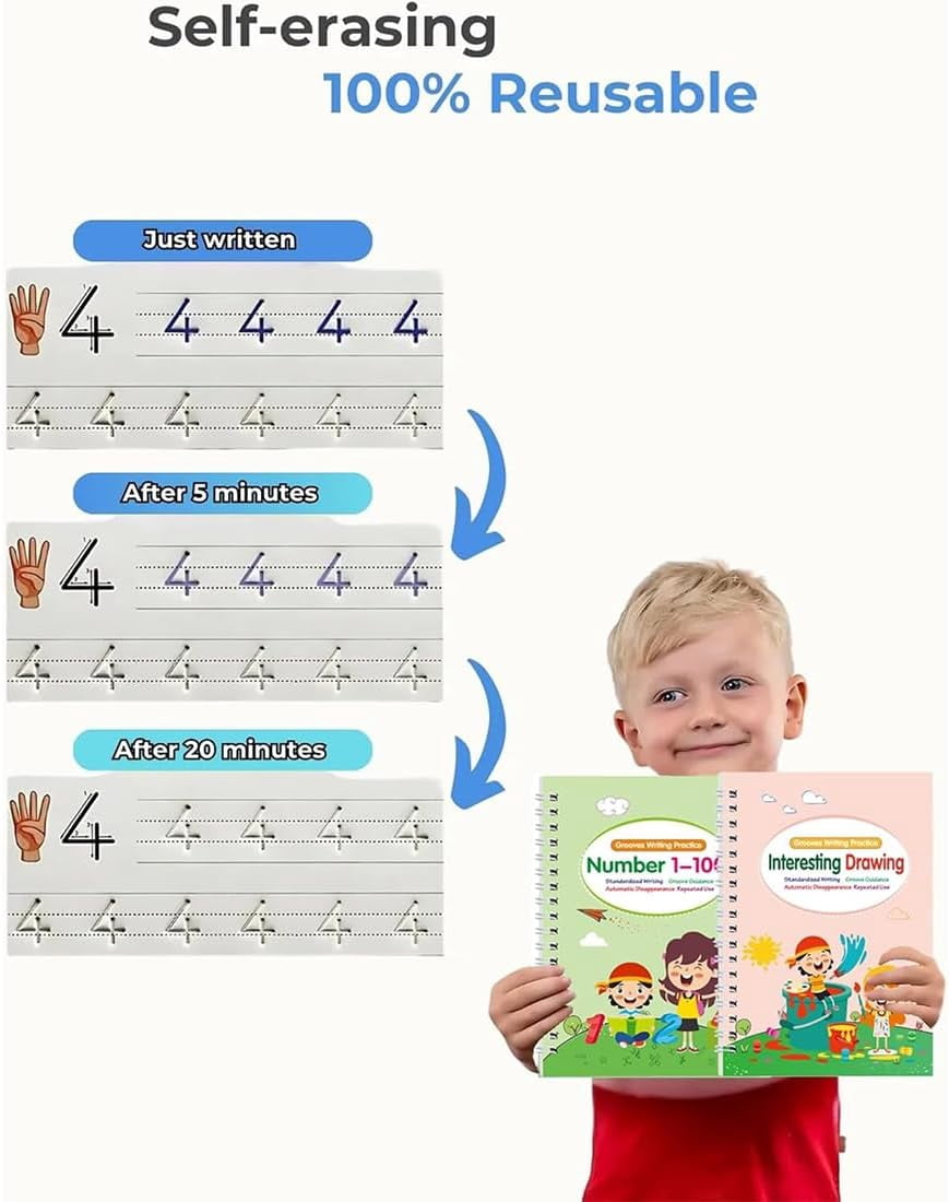 Motor Magic WorkBooks, Your Little Explorer Writing Books, Full Set 4 Book W/10 Replacement Refills+1 Pen+1 Pencil Grip, Magic Grooved Writing Practice Books