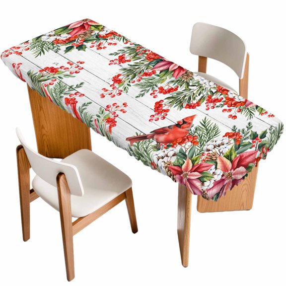 Cardinal Bird Table Cloths for 8 Foot Rectangle Tables, Winter Poinsettia Pine Cones Berry Wood Patio Waterproof Elastic Fitted Tablecloths, Washable Rectangular Table Cover for Camping