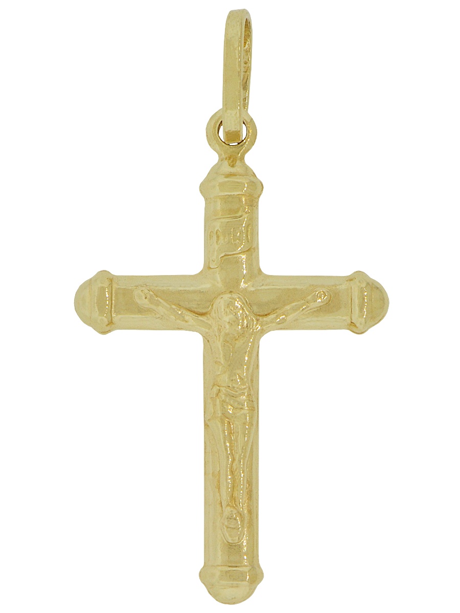 14k Yellow Gold, Small Hollow Tube Cross Jesus Christ Crucifix Pendant