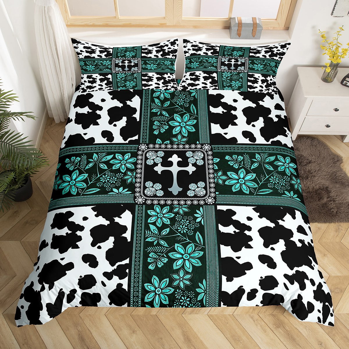 YST Cow Print Duvet Cover Full Floral Turquoise Decor Comforter Cover