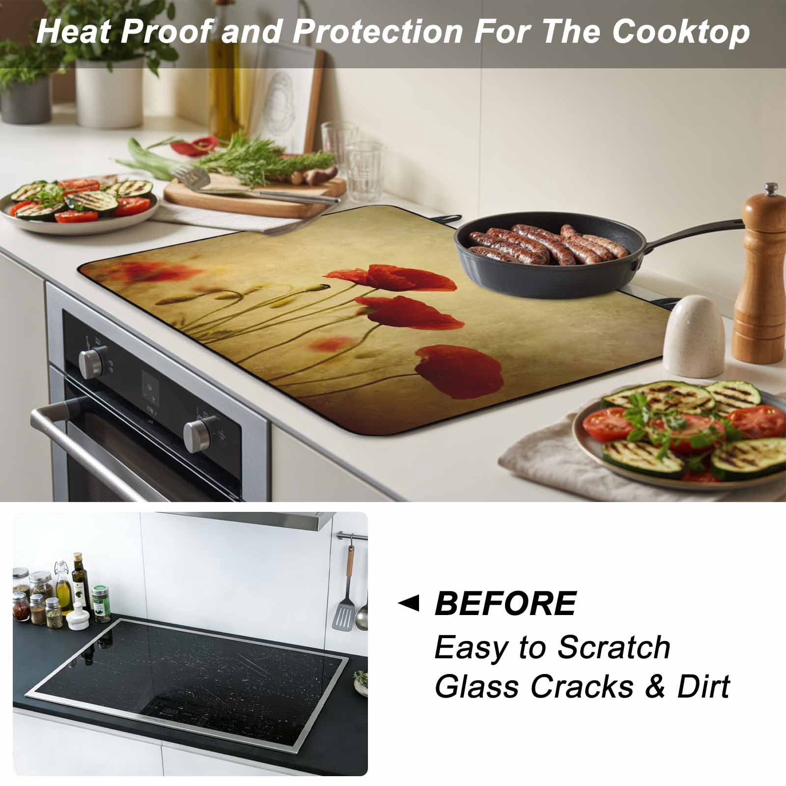 Red Poppy Flower Stove Top Cover for Electric Stove, Heat-proof & Non Slip Glass Top Stove Cover Protector, Vintage Farmhouse Vintage Floral Plant Kitchen Flat Cooktop Rubber Mat 24x21 Inches