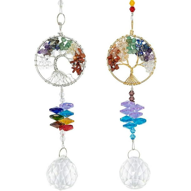 Paquete de 2 atrapasoles de cristal colgantes: colgante de cristal del árbol de la vida, adorno de cristal arcoíris, bola de cristal, prisma de chakra para ventana, jardín, hogar