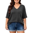 thumbnail image 2 of vdgthytj Womens Plus Size Tops Short Sleeve V-Neck Ribbed Knit Sweater Loose Fitted Summer Casual Tunic with Pocket, 2 of 7