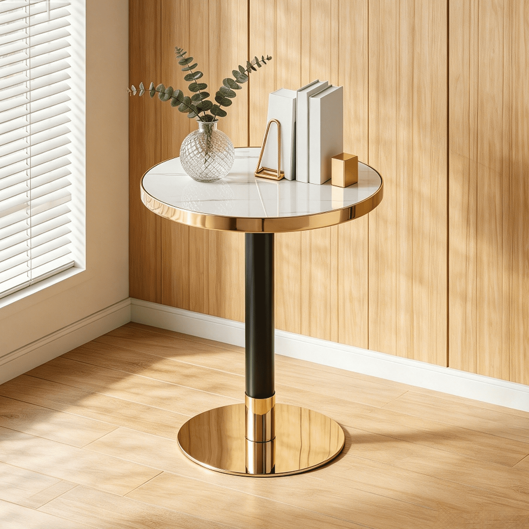 23.6" Round MDF sprayed with UV paint countertop, marble texture, stainless steel edging, metal table legs, modern light luxury edge/coffee table.