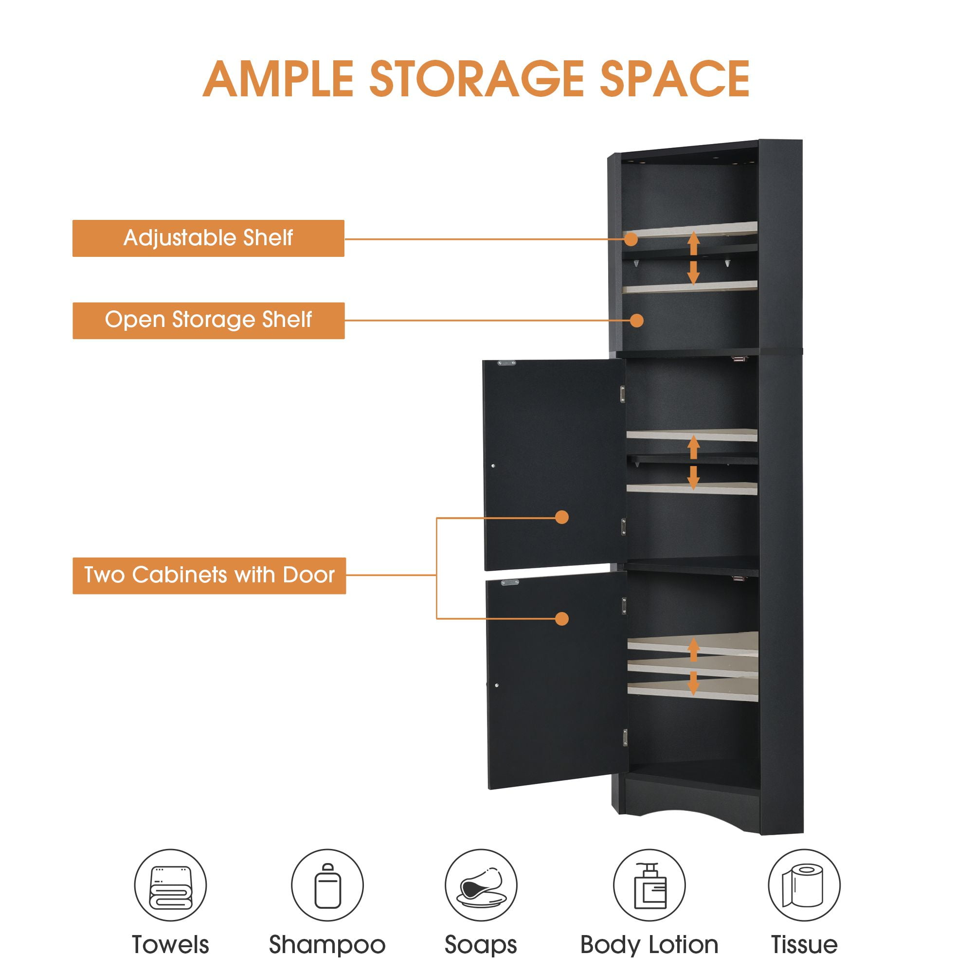 DEALTOPS Modern Tall Corner Cabinet, Freestanding Storage Cabinet with Adjustable Shelves, Black