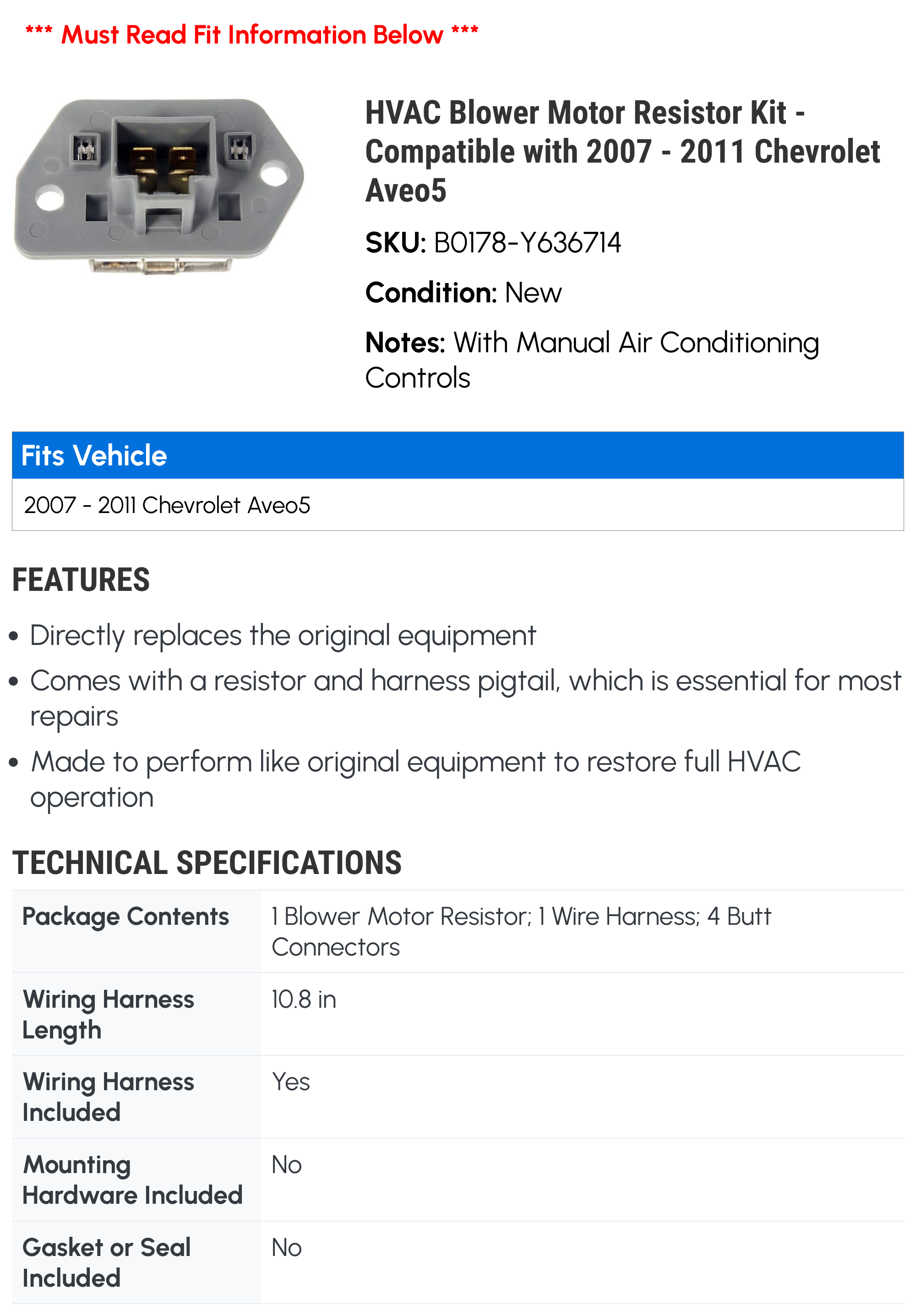 HVAC Blower Motor Resistor Kit - Compatible with 2007 - 2011 Chevrolet Aveo5 - Dorman