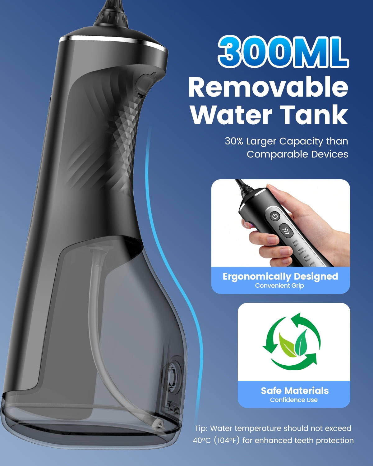 JTF Cordless Water Flosser for Teeth: 3 Modes & 10 DIY Pressure Levels Portable Oral Irrigator for Braces & Sensitive Gums with 9 Tips & 300ML Tank, Rechargeable Electric Dental Pick for Home Travel