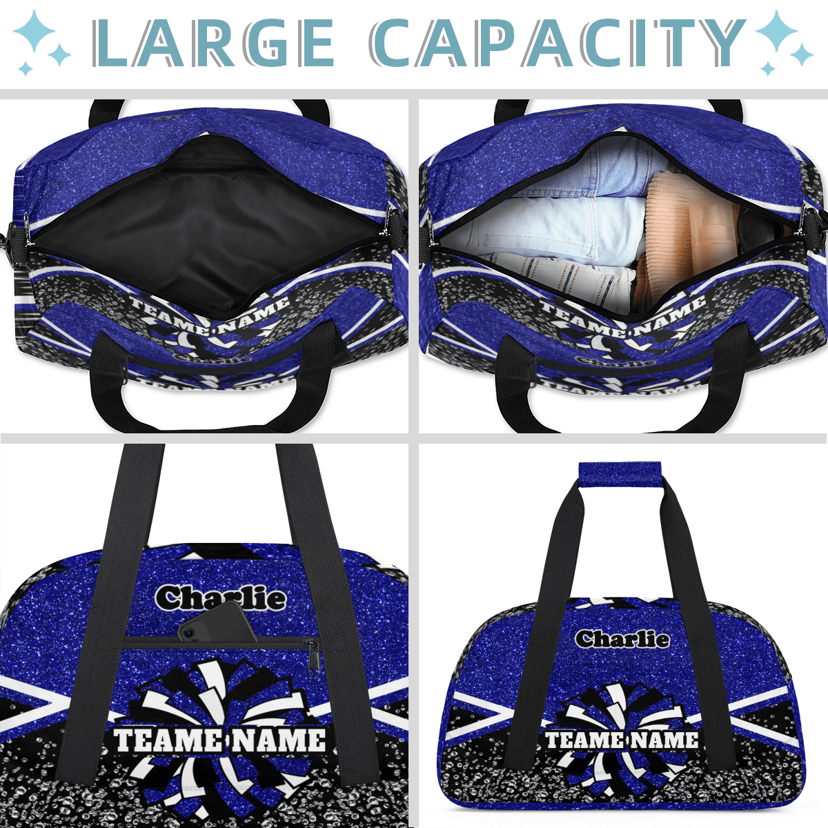 Personalized Cheerleader Bag Dance Bag, Custom Team Bag Gym Bag Sport Duffel Bag, Weekender Bags Travel Bag for Cheer Team Blue Glitter