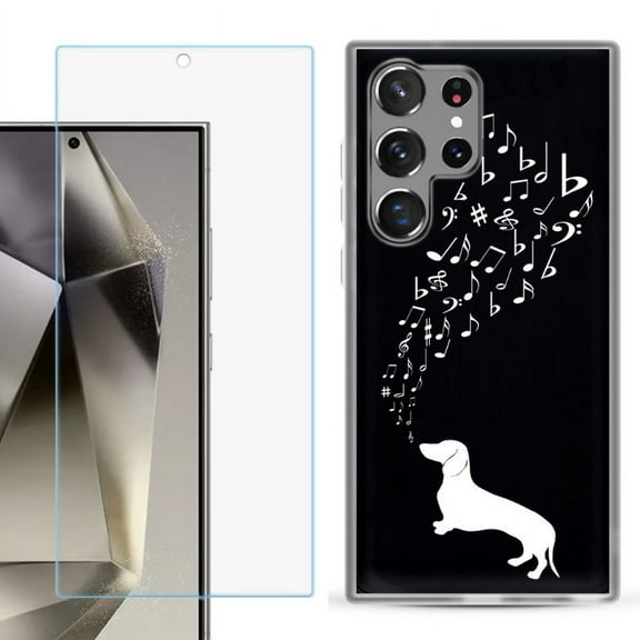 OneToughShield ® Compatible with Samsung Galaxy S24 Ultra, Shockproof Phone Case, with Tempered Glass Screen Protector - Dachshund/Puppy Music