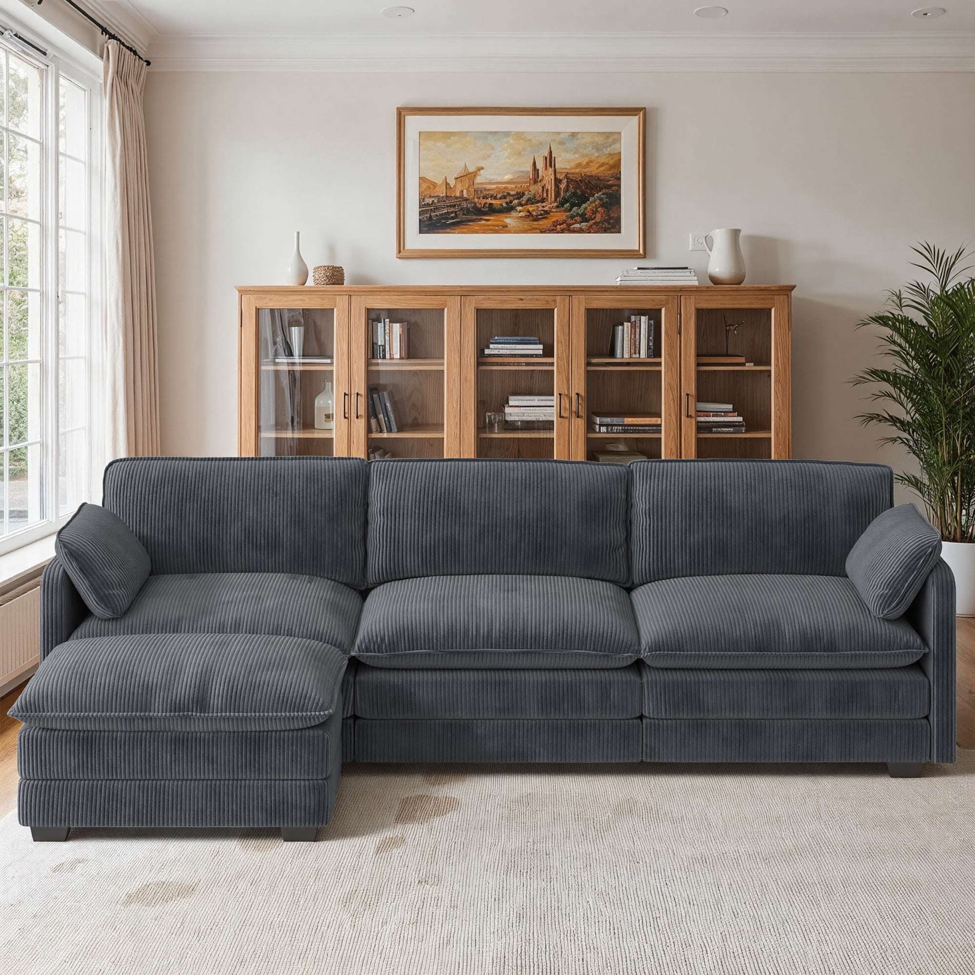 Asofer Sectional Couches for Living Room, L-Shaped Sofa Couch with Comfy Chenille, 3 Seat Sofa Set with Chaise for Apartment (Fabric, Grey)
