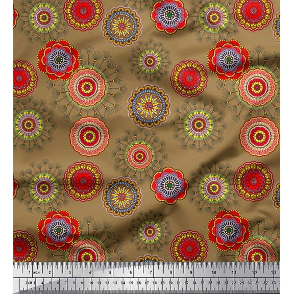 Soimoi Brown Cotton Duck Fabric Artistic Flower Mandala Fabric Prints By Yard 42 Inch Wide
