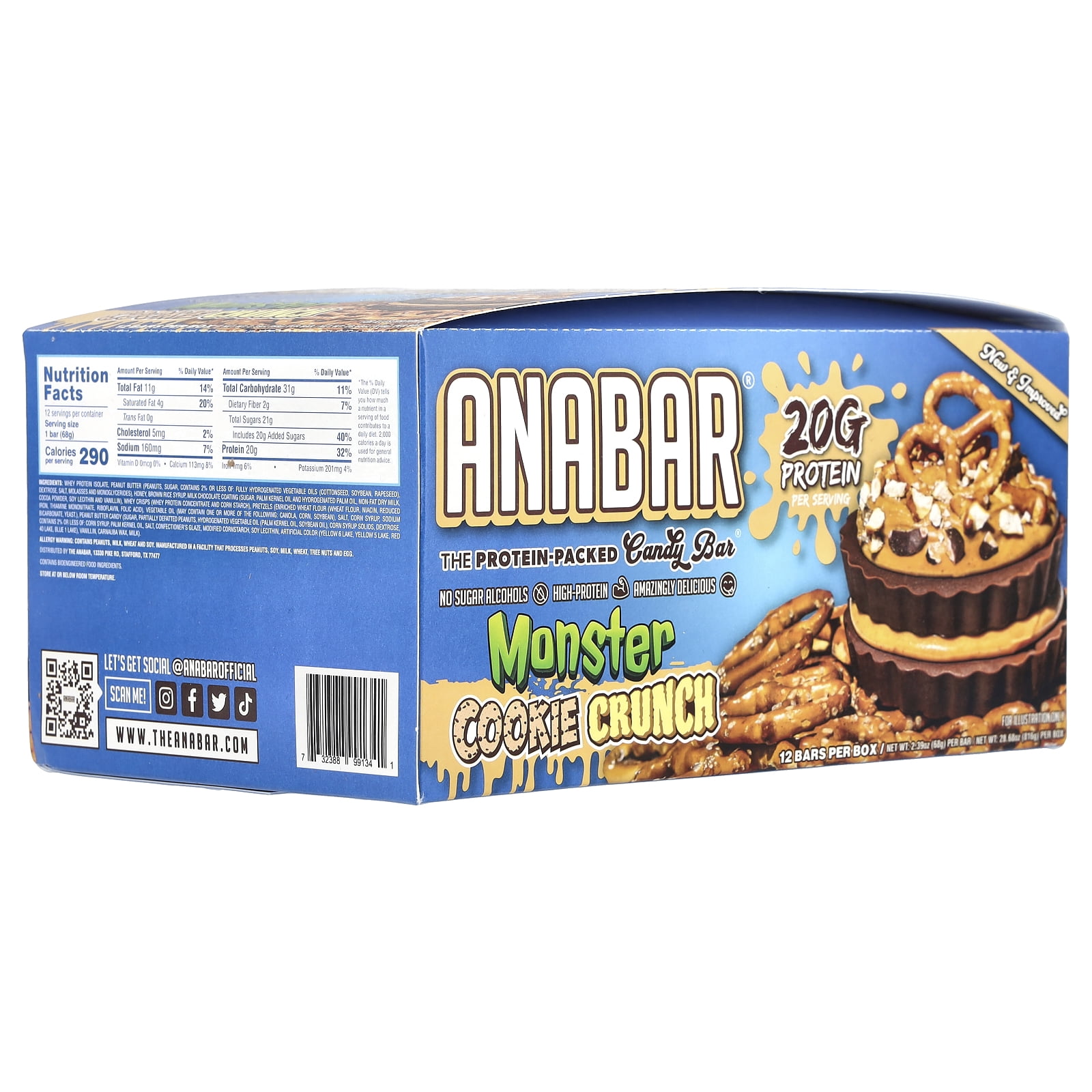 The Anabar The Protein-Packed Candy Bar®, Monster Cookie Crunch, 12 Bars, 2.39 oz (68 g) Each