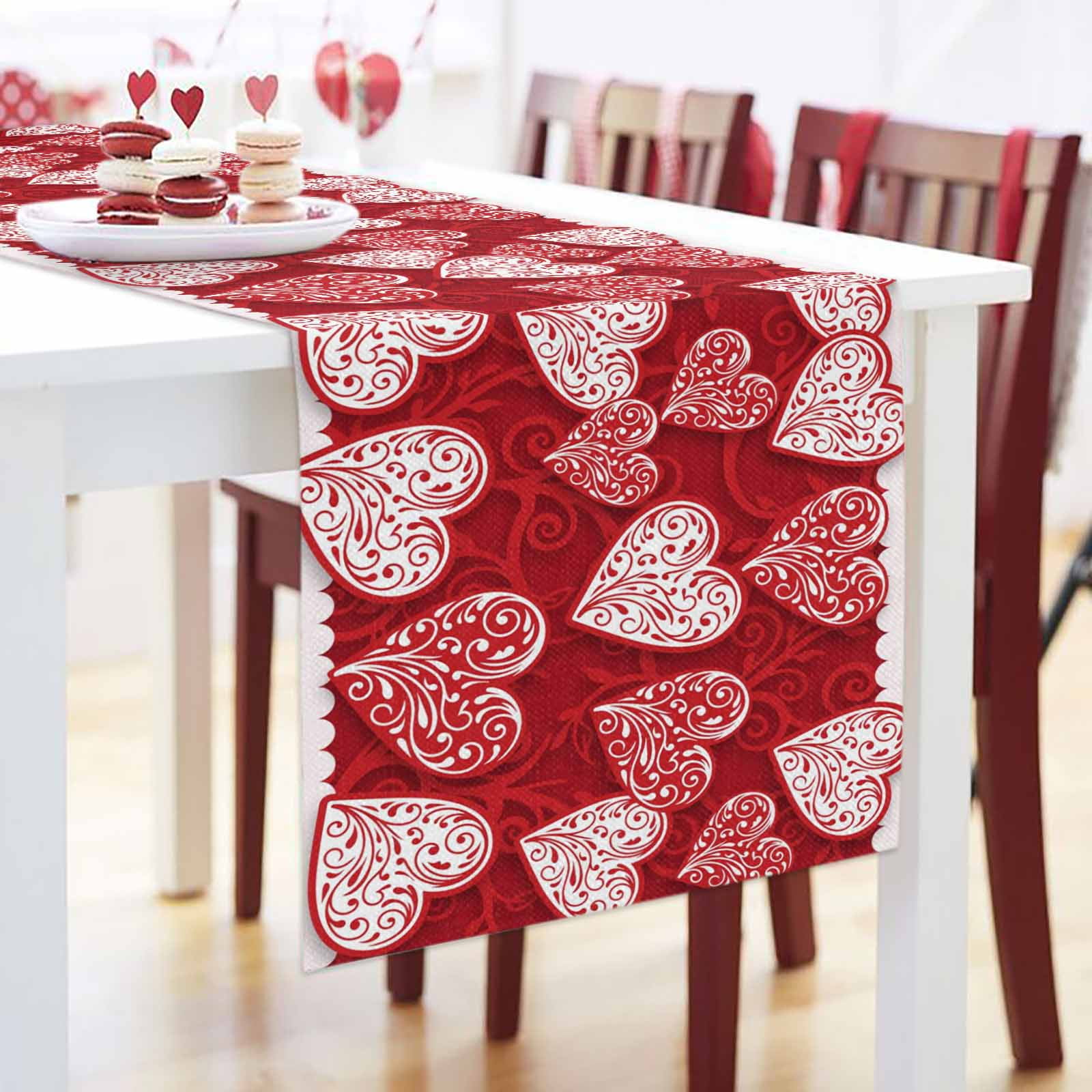 Valentine's Day Table Runner, Abstract Romantic Red White Floral Love Heart Red Washable Cotton-linen Table Runners Dining Kitchen Decoration for Everyday Home Wedding Party Decor, 13 x 120 Inch