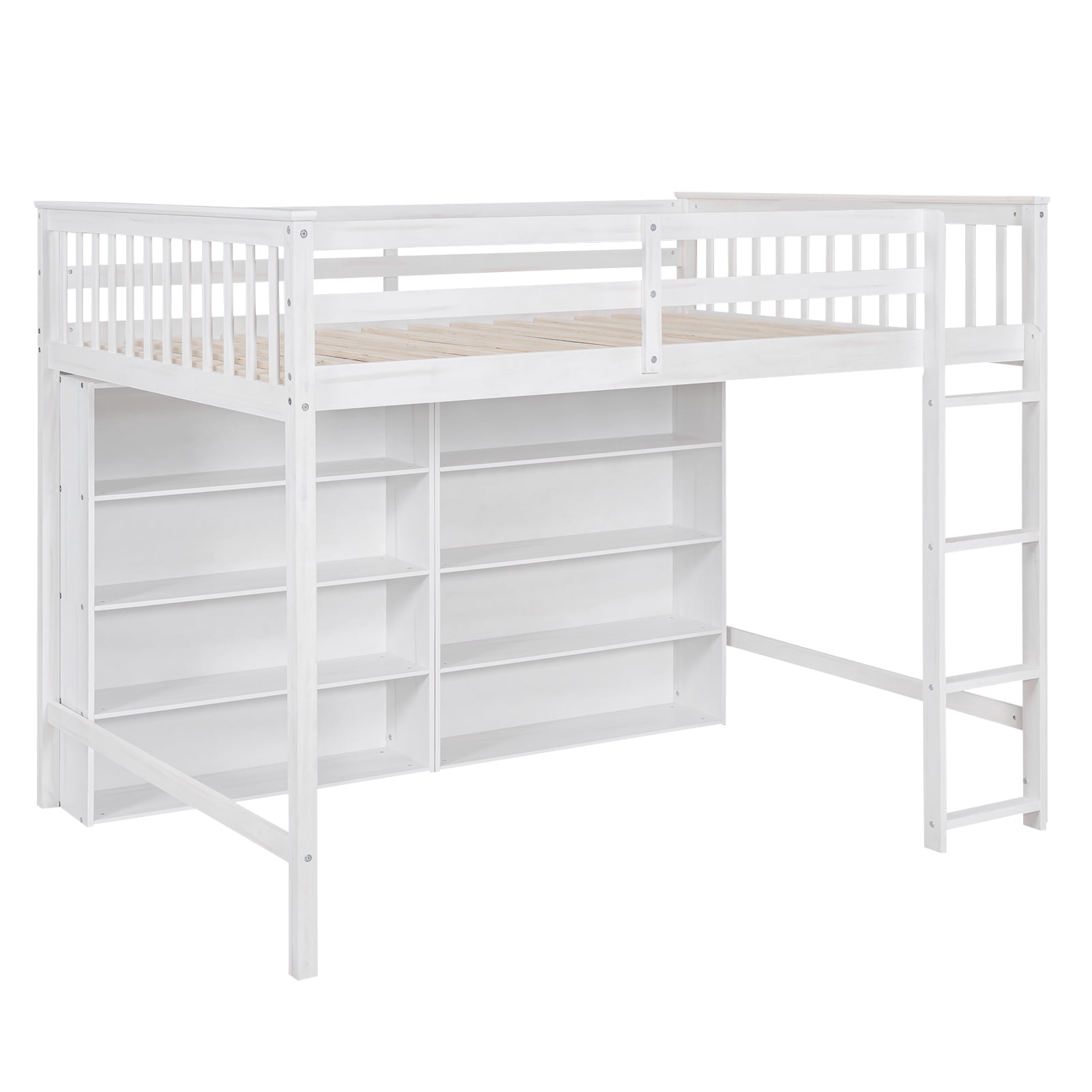Euroco Wood Full Size Loft Bed with Shelf for Kids Bedroom, Functional Storage Shelf and Display Case, Open Bookcase for Kids Teens Adults, White