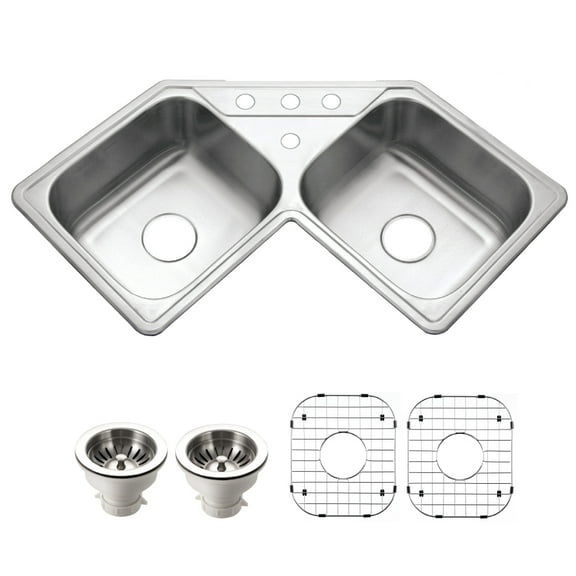 Houzer Legend 32 in Stainless Steel Topmount 4-hole 50/50 Double Bowl Corner Kitchen Sink with Strainer and Grid - LCR-3221-C