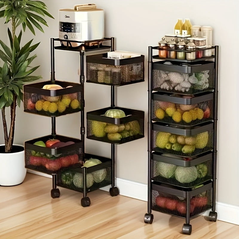 5 Tier Rotating Kitchen Storage Shelf, Metal Fruit Vegetable Storage Basket Multi-Layer Vegetable Rack Storage Trolley on Wheels, Floor-Standing Basket for Kitchen Bathroom, Square