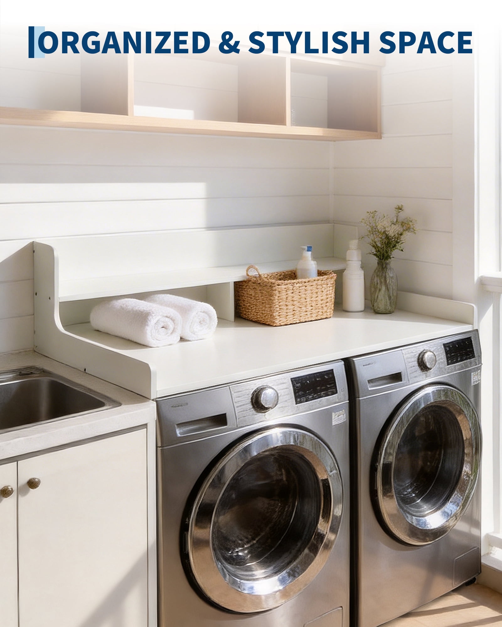 Washer Dryer Countertop, 54"x 27.5" Heavy Duty MDF Laundry Room Wood Shelf Topper, 12" Edge Rails Non Slip Pads Clothes Folding Station for Laundry Room Storage and Organization - White