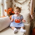 thumbnail image 2 of Baby Girls Gingham Halloween Dress, Pumpkin Bow Embroidery Puff Short Sleeve A-Line Outfit for Fall Holiday Photo Daily Wear(Blue,6-12 Months), 2 of 6