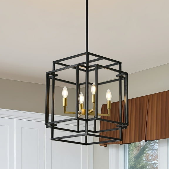 4-Light Lantern Tiered Pendant Light Fixtures,Farmhouse Foyer Chandelier, Black and Gold Dining Room Light Fixture for Living Room Staircase Entryway