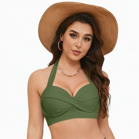 ORT Women Halter Bikini Tops Push Up Bathing Suit Top V Neck Full Coverage Swimsuit Top Only(AG XXL)
