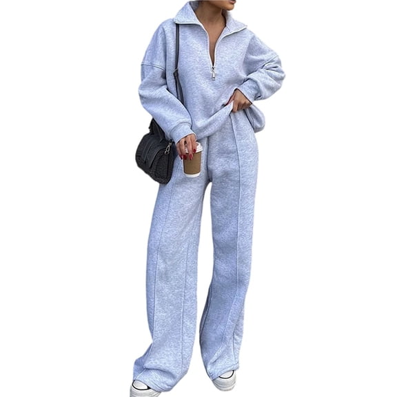 Women's 2 Piece Outfits Casual Lapel Half Zip Sweatshirts and Wide Leg Pants Tracksuit Sets Light Gray XL