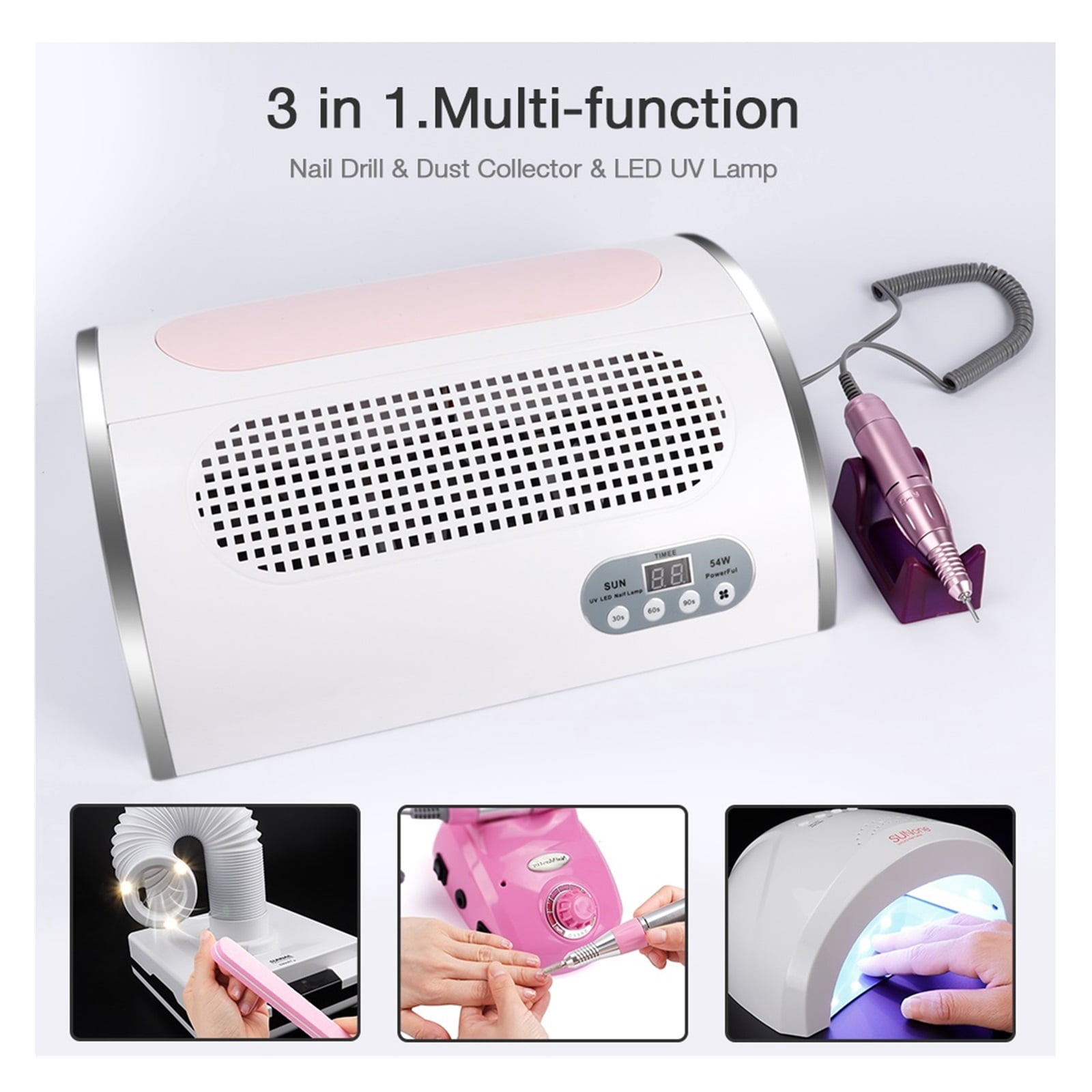 3-IN-1 54W Nail Dust Collector +UV LED Nail Lamp +Electric Nail Drill Professional Nail Manicure Tool Machine For Salon ,Lasting Comfort Experience