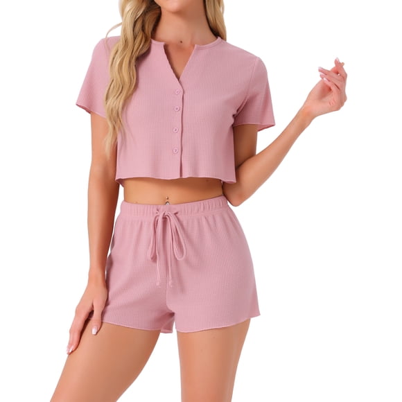 INSPIRE CHIC Pyjama en Tricot Gaufré pour Femmes, Manches Courtes, Crop Top avec Shorts, Ensemble de Détente 2 Pcs TG Rose