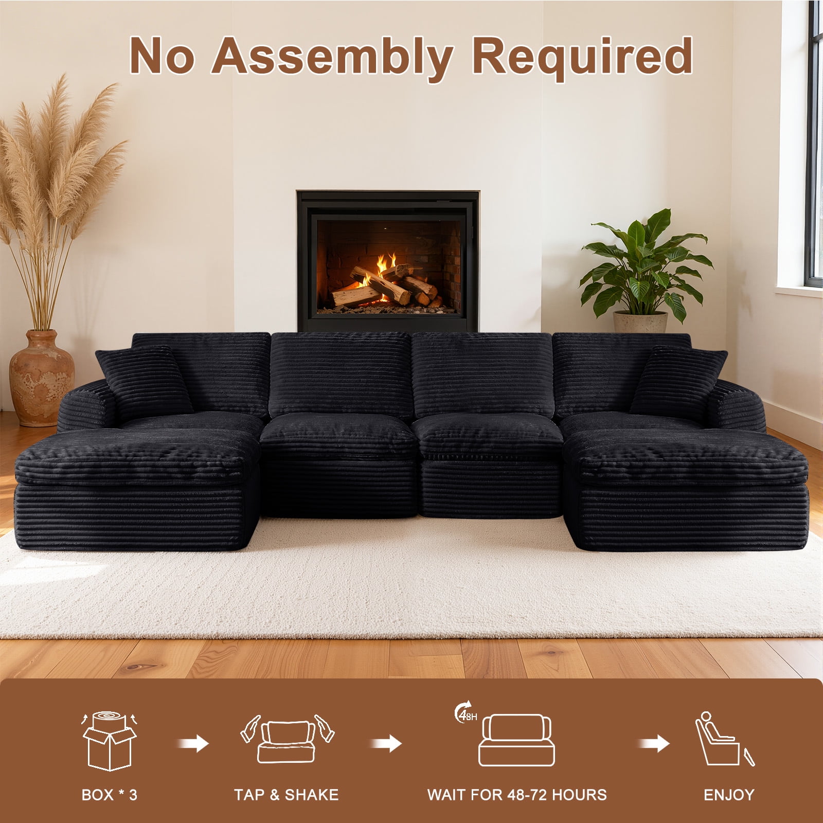 138" Cloud Couch for Living Room, Modular Sectional Sofa with Plush Corduroy Big U Shaped Comfy Upholstered Couches with Deep Seat, No Assembly Required, Black