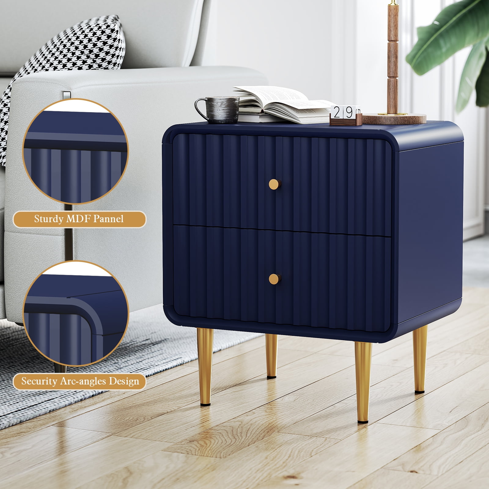 HLR Modern Fluted Wood Nightstand with 2 Drawers, Bedroom Blue Bed SideTable with Storage