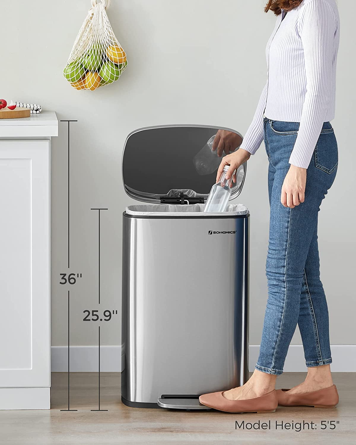 13.2 Gallon Kitchen Trash, Garbage Can, Pedal Rubbish Bin, Stainless Steel, Silver