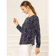 thumbnail image 4 of Blusa floral Allegra K Manga Larga Con Volante Cuello Redondo Ojo De La Cerradura Azul Marino L, 4 of 6
