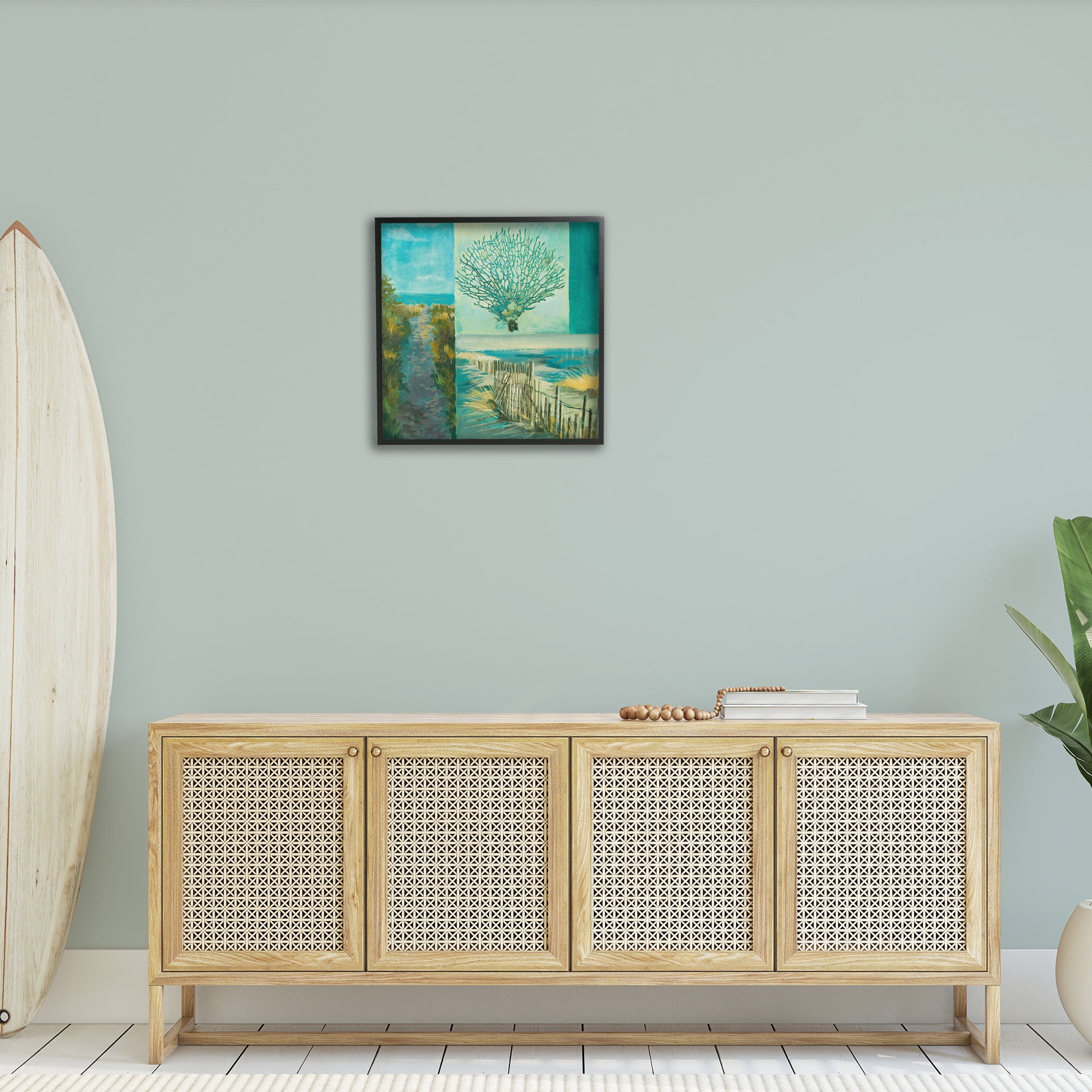 Stupell Industries Modern Beach Coral Collage Landscape Painting Black Framed Art Print Wall Art, 24 x 24
