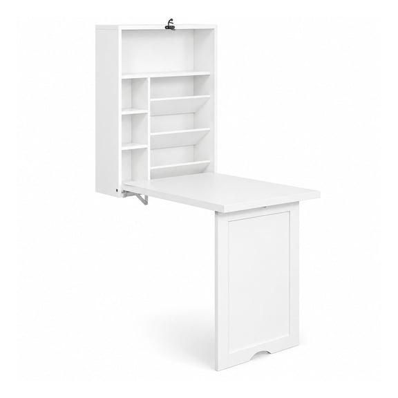 Wall-Mounted Folding Desk, Convertible Drop Leaf Floating Desk with Storage Shelves, Space-Saving Fold Down Murphy Wall Desk for Craft, Study, Small Spaces, Home Office, Dorm, White