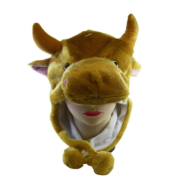 Plush Bull Animal Hat - Bull Hat with Ear Flaps and Poms