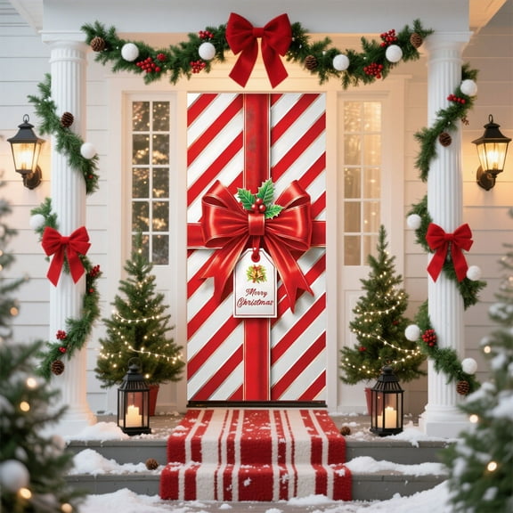 Festive Christmas Door Cover With Elastic Fabric Fit, Large Holiday Themed Door Curtain For Wall And Front Porch Seasonal Party Decorations