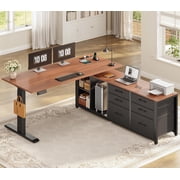 SEDETA Electric Standing Desk with 6 Drawers, Height Adjustabel L Shaped Office Desk with Open Shelves. Sit Stand Computer Desk with Power Outlets for Home Office, Black & Brown