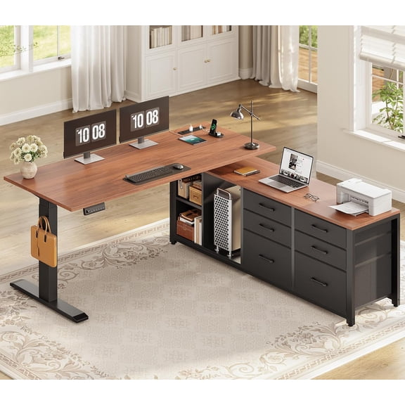 SEDETA Electric Standing Desk with 6 Drawers, Height Adjustabel L Shaped Office Desk with Open Shelves. Sit Stand Computer Desk with Power Outlets for Home Office, Black & Brown