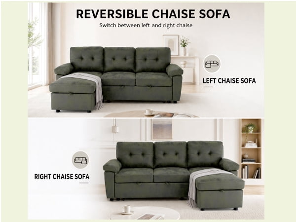 Leumius 88.5" Sectional Sofa with Pull-Out Bed,Convertible L-Shaped Sofa with Storage Chaise,and Soft and Soft Padded Armrests,Olive Green