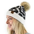 thumbnail image 2 of C.C Animal Print Soft Warm Knit Cuff Faux Fur Pom Beanie, Ivory, 2 of 4