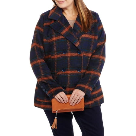 Large Classic Wool - Maxwell Studio Women's Plus-Size Faux Wool Classic Plaid Double-Breasted Peacoat